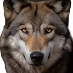 Naklejka na ściany i meble Portrait of a gray wolf face isolated on white