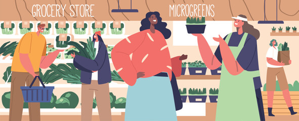 Shopper Characters Selecting Fresh Microgreens At The Supermarket Display. Nutrient-rich Choice For Salads And Garnishes
