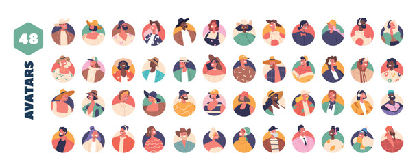 Naklejka premium Set of People Avatars, Male and Female Characters with Different Appearance. Young and Mature Men or Women Portraits