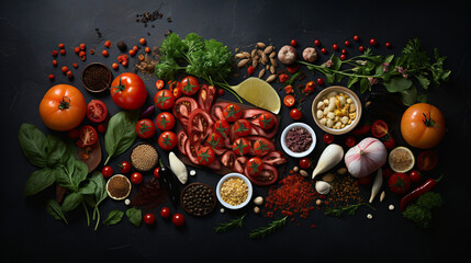 Food image in a studio. flat background, Top view - obrazy, fototapety, plakaty