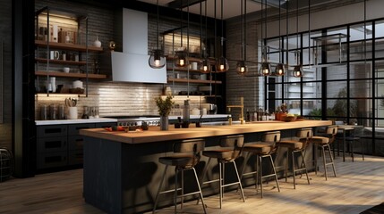 Fototapeta na wymiar Kitchen , A functional kitchen space with stainless steel appliances, concrete countertops, and hanging industrial lights