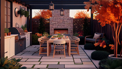 Modern back patio - garden and backyard with seating and place to entertain and cook Ai generated image