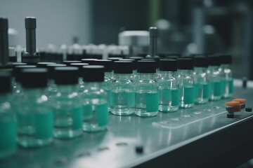 Obraz premium A view of a pharmaceutical production line at work, featuring medical vials and glass bottles, with pharmaceutical machines in operation.