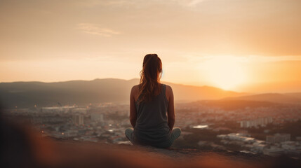 Fototapeta premium A calm woman meditating at sunset, with a blurred background, representing stress relief and mental wellness.