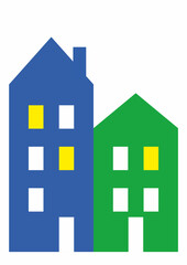 Two high-rise prefab houses, blue and green building, town symbol,  logo, color image, vector illustration, icon
