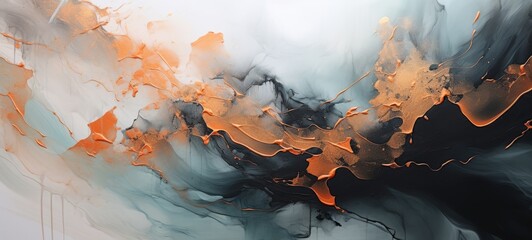 Abstract watercolor paint background illustration - Gray blue and orange color splashes, with liquid fluid marbled swirl waves texture banner texture - obrazy, fototapety, plakaty
