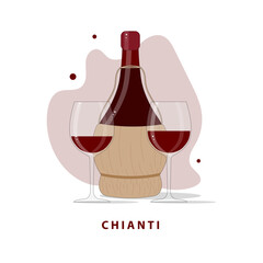 Chianti vector illustration, with two glass of wine and a bottle chianti isolated on white background.