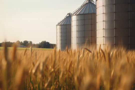 This close-up image showcases a vibrant wheat field, with three silos softly blurred in the background, portraying the beauty of rural agriculture.