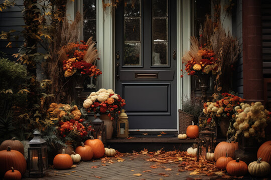 Front porch with autumn fall decor, pumpkins, flower. Generative AI