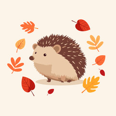 Cute hedgehog surrounded by fall leaves
