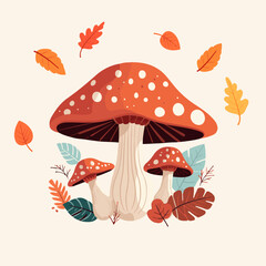 Cute mushroom surrounded by fall leaves