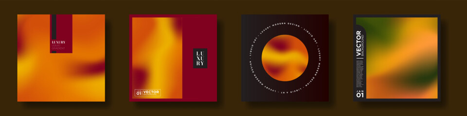 Set of dark classic templates with orange and red gradient fabric artwork as focus. Liquid Gradient theme. Luxury Cover Layout. Vector Illustration.
