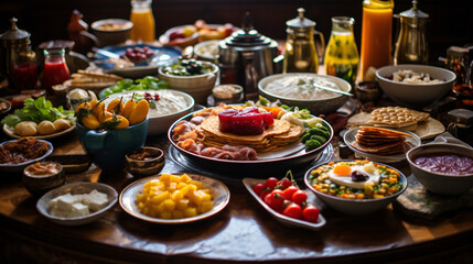 Fancy Breakfast table top angle with variety of dishes - obrazy, fototapety, plakaty