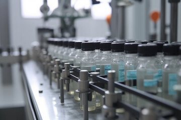 A view of a pharmaceutical production line at work, featuring medical vials and glass bottles, with pharmaceutical machines in operation.