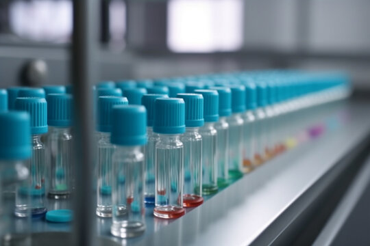 An industrial scene within a pharmaceutical factory, showcasing the production line with pharmaceutical glass bottles and machinery in motion.