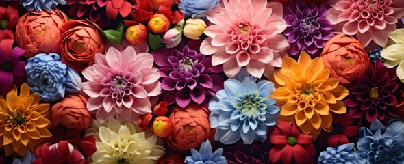 Flowers wall background with amazing red,orange,pink,purple,green and white flowers. ,Wedding decoration. Flower shop background. Hand made beautiful flower wall background.