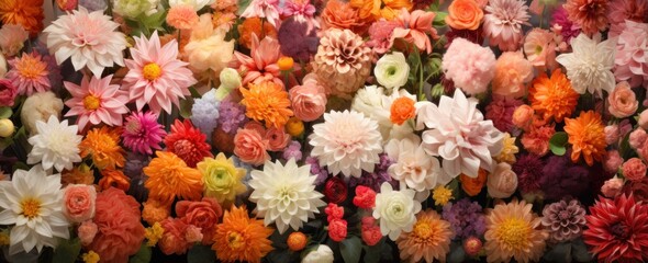 Flowers wall background with amazing red,orange,pink,purple,green and white flowers. ,Wedding...