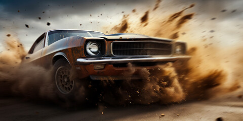 Muscle car driven in the dirt road. Generative Ai