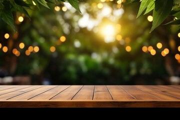 Empty wooden table with leaves and bokeh lights blurred outdoor cafe background. High quality photo - obrazy, fototapety, plakaty