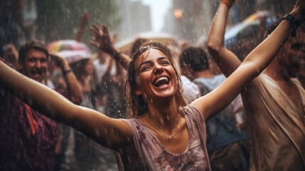 Happy dancing people at festival in the rain on the street.