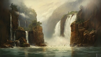 A majestic waterfall cascading into a pristine mountain