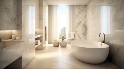 Fototapeta na wymiar A marble bathroom with a freestanding bathtub 