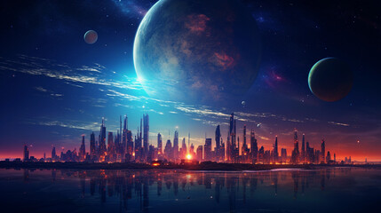 Sunset Dreams in the Celestial City: Futuristic Metropolis with Space Moons
