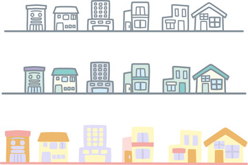 シンプルにデフォルメした可愛い街並みのイラストセット6