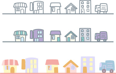 シンプルにデフォルメした可愛い街並みのイラストセット7