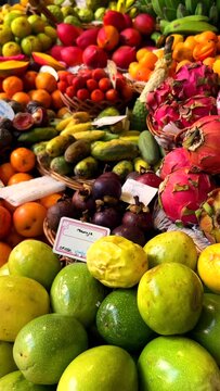 Vertical Video. Stories Format: Colorful Fruit market in Funchal, Madeira