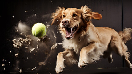 Happy dog destroying a ball - obrazy, fototapety, plakaty