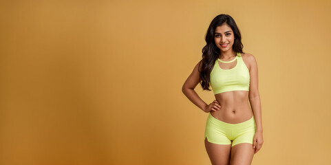 Fit and Athletic Indian Woman Against Beige Background. Wearing Green Gym Outfit.