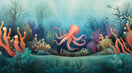 Underwater scene with octopus and corals.  Underwater marine flat cartoon graphic design illustration