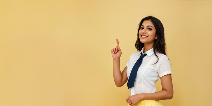 Young Woman Pointing Upwards Against Yellow Background. Indian Girl in Uniform and Tie