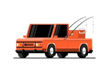 Pickup truck with fishing rod, handheld ice cooler box on isolated background, Vector illustration.