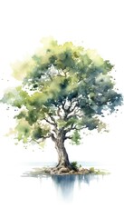 The oak tree on the islet is reflected in the water. Watercolor illustration on white background.