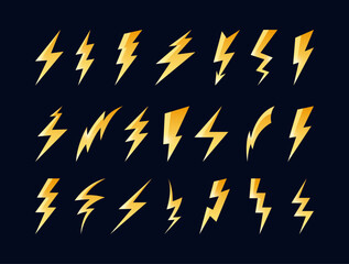 Lightning bolt icon. Vector set of cartoon thunderbolts, electric charge and lightning flash symbol, electric strike for electric logo. Power or energy sign. Energy burst