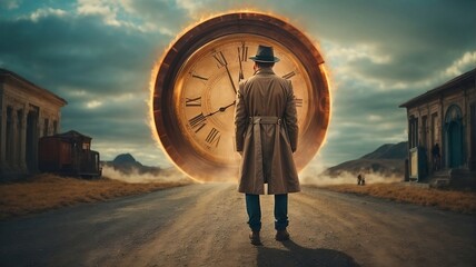 Time Travel Dilemma: Illustrate a time traveler standing at a crossroads, facing the dilemma of choosing between different historical eras to explore. - obrazy, fototapety, plakaty
