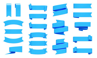 Blue ribbon banner 3d render set.