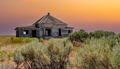 An abandoned farm house at sunset, near Wasco, in eastern Oregon