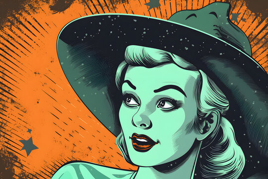 The Halloween spirit, retro post-card in pop-art style. Generative AI