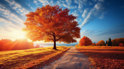 Autumn's Radiant Canvas: Sunlit Road and Colorful Trees in Nature