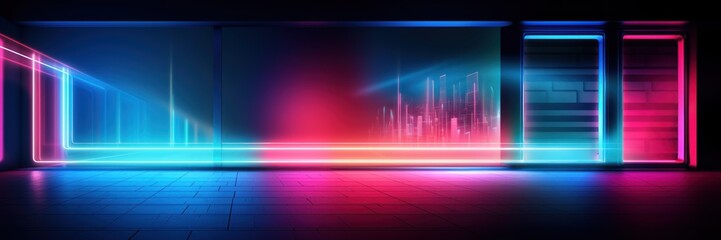 Neon wall composition with abstract night city outside the window for your mockup. AI Generation 