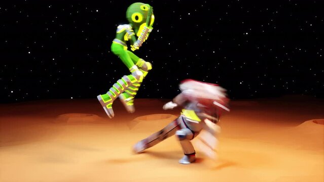 Astronaut in spacesuit and green alien fight in kung fu style on the surface of the moon. Hand-to-hand combat of an Cosmonaut and an alien in a cartoon style. 3d looped animation.
