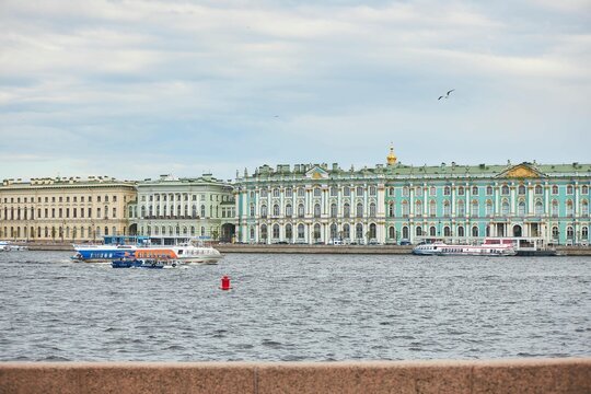 Saint Petersburg, Russia - May 27, 2021: The Neva River and the building of the Winter Palace (Hermitage)