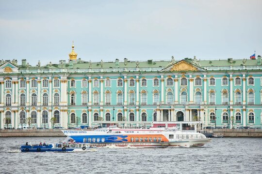 Saint Petersburg, Russia - May 27, 2021: The Neva River and the building of the Winter Palace (Hermitage)