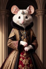 Fototapeta na wymiar Front view of mouse wearing suit, standing in proud pose. Rat with fluffy paws as groom in intricate richly embroidered palace costume, fancy outfit, fairy tale concept. Elegant anthropomorphic animal
