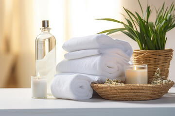 Fototapeta na wymiar Tranquil Spa Ambiance Towels, Herbal Bags, and Beauty Treatments in a Serene White Room. created with Generative AI