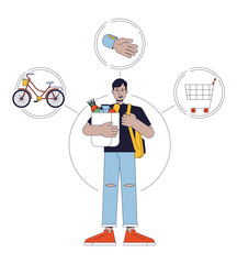 Everyman person archetype flat line concept vector hero illustration. Man with backpack and grocery bag 2D cartoon outline character on white for web UI design. Editable isolated color hero image