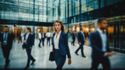 Fototapeta premium Corporate Ambiance Blurred Business People in a White Glass Office Background. created with Generative AI